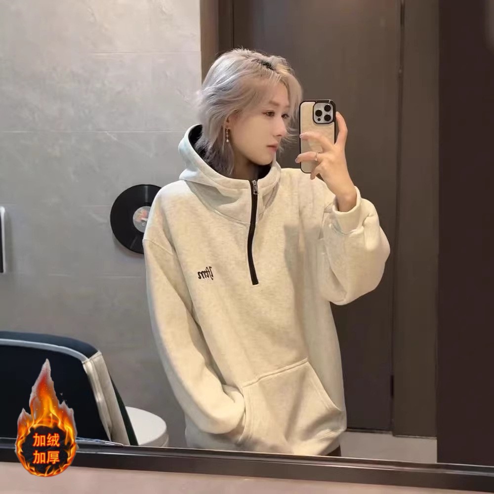 秋冬季新款休闲半拉链刺绣卫衣男女同款简约百搭潮流连帽套头上衣